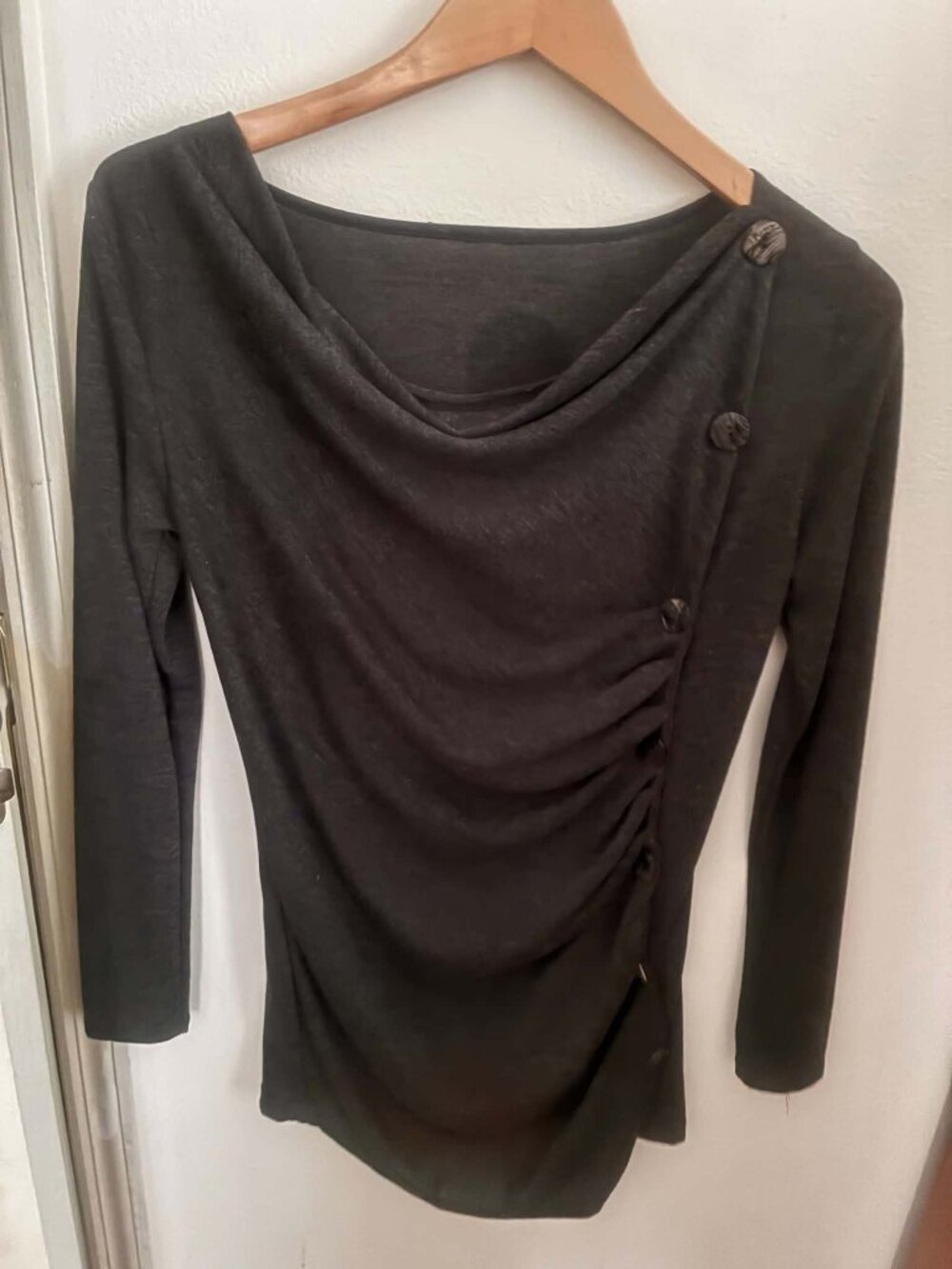 Gray knit top with ruching and buttons
